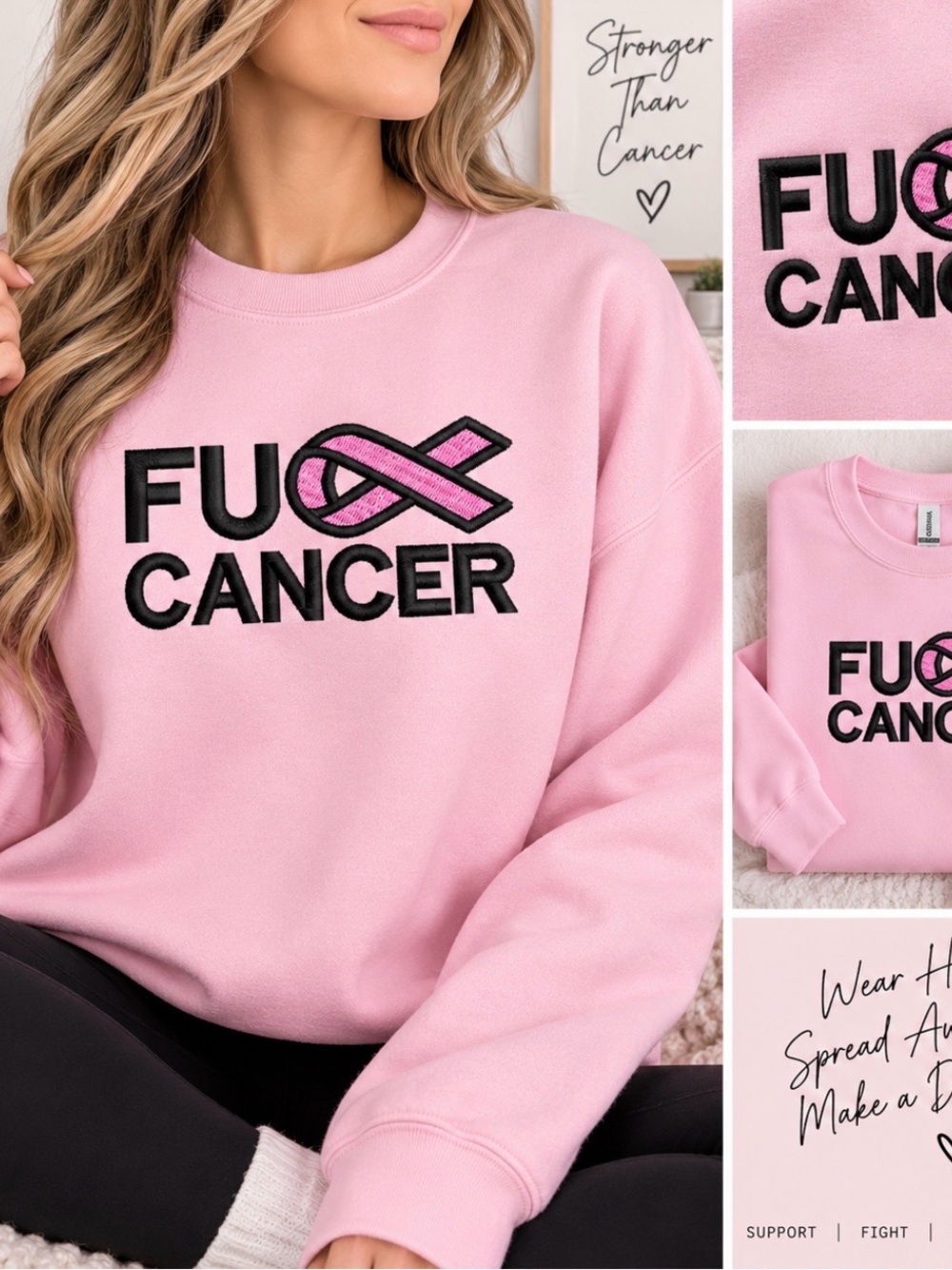 Gildan Pink Crewneck Sweatshirt with Bold Black 'FU CANCER' Graphic